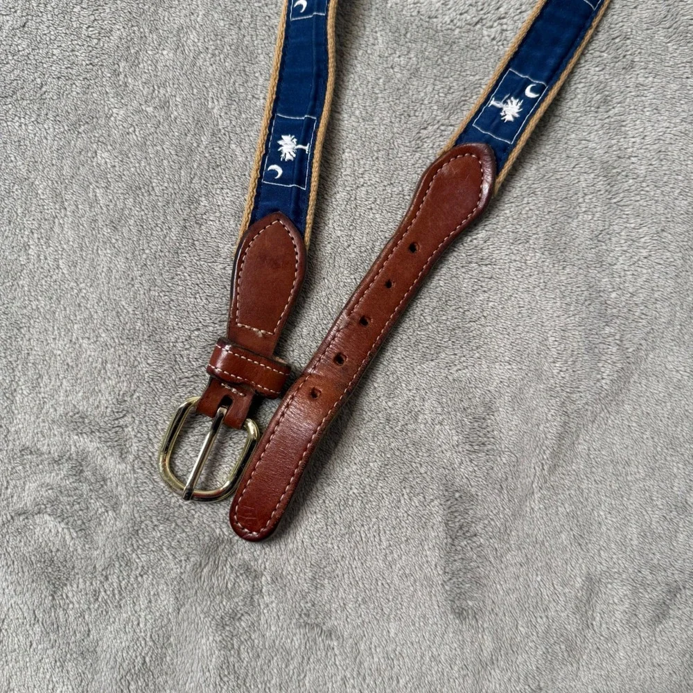 South Carolina Ribbon Belt Men 40 Flag Moon Palmetto Canvas Leather Brass Buckle